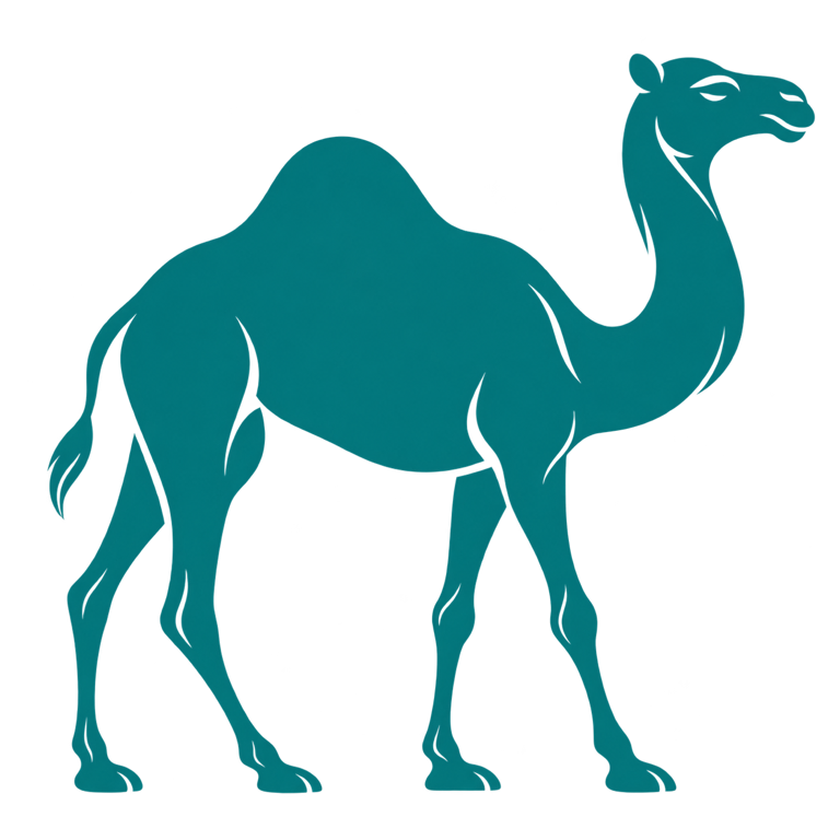 An elegant teal camel emblem